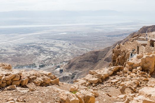 view from masada to the dead sea in israel and jordan across the sea