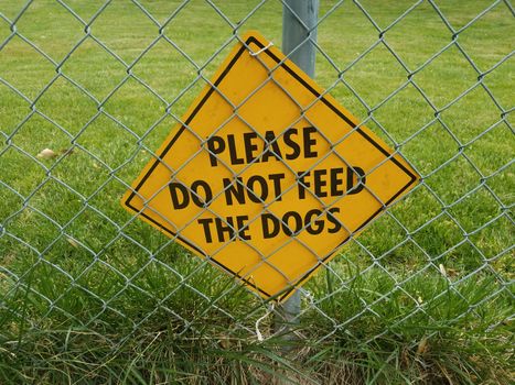 yellow please do not feed the dogs sign on metal chain link fence