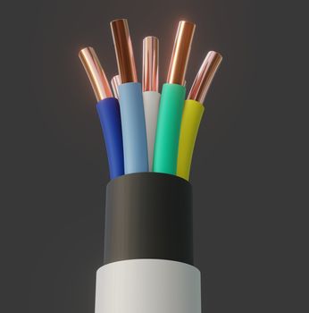 Seven-wire cable, different colors. Gray background. Glow effect. 3D illustration