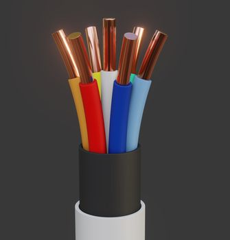 Seven-wire cable, different colors. Gray background. Glow effect. 3D illustration