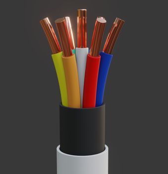 Seven-wire cable, different colors. Gray background. Glow effect. 3D illustration