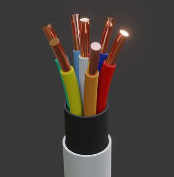 Seven-wire cable, different colors. Gray background. Glow effect. 3D illustration