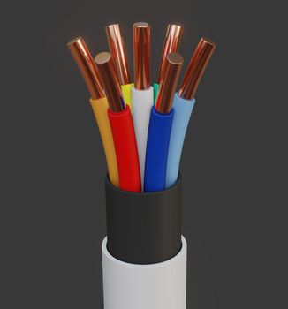 Seven-wire cable, different colors. Gray background. Glow effect. 3D illustration