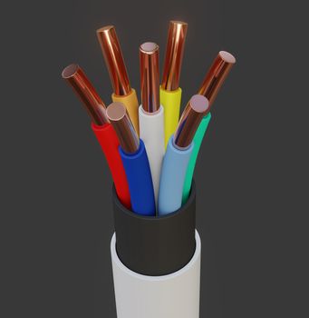 Seven-wire cable, different colors. Gray background. Glow effect. 3D illustration