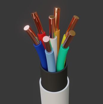 Seven-wire cable, different colors. Gray background. Glow effect. 3D illustration
