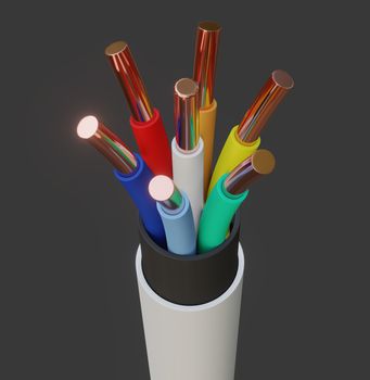 Seven-wire cable, different colors. Gray background. Glow effect. 3D illustration