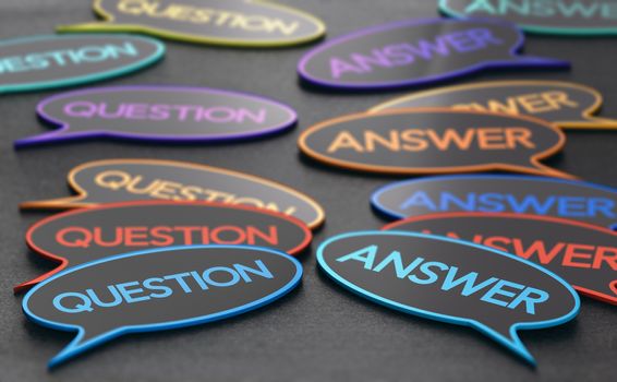 Speech bubbles with the words question and answer. Concept of discussion forum or customer support. 3D illustration