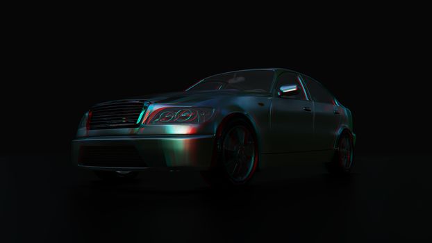 Modern sedan car on the dark background. 3d illustration. 3d anaglyph effect