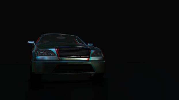 Modern sedan car on the dark background. 3d illustration. 3d anaglyph effect