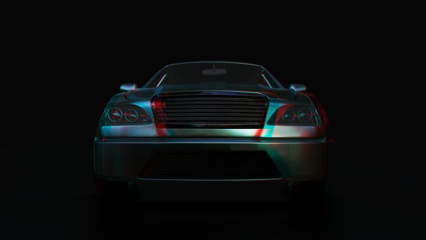 Modern sedan car on the dark background. 3d illustration. 3d anaglyph effect