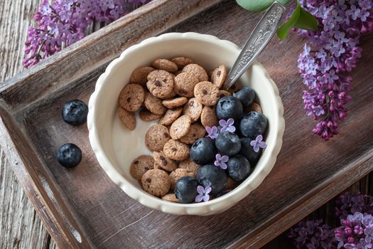 Breakfast cereals with yogurt, blueberries and lilac flowers on a rustic background