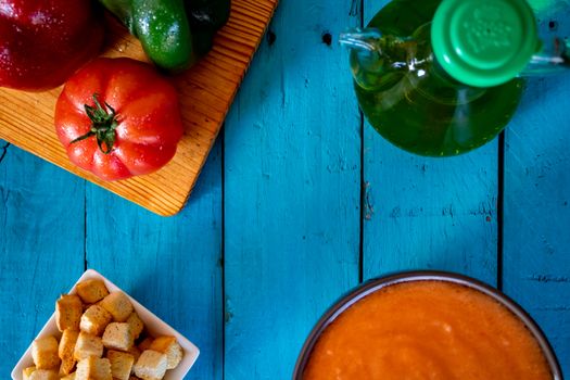 View of gazpacho, a typical Spanish meal with its ingredients in composition