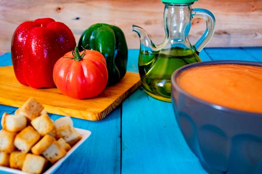 View of gazpacho, a typical Spanish meal with its ingredients in composition