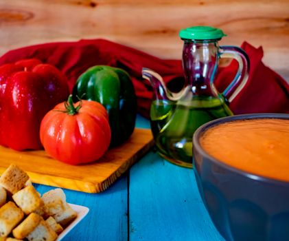 View of gazpacho, a typical Spanish meal with its ingredients in composition