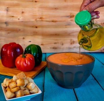 View of gazpacho, a typical Spanish meal with its ingredients in composition