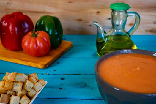 View of gazpacho, a typical Spanish meal with its ingredients in composition