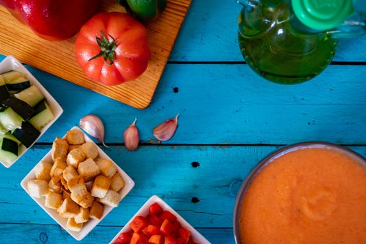 View of gazpacho, a typical Spanish meal with its ingredients in composition