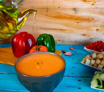 View of gazpacho, a typical Spanish meal with its ingredients in composition