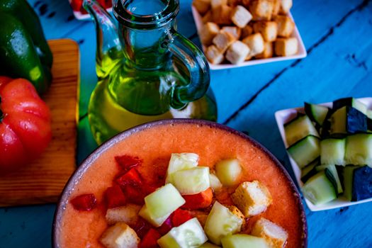 View of gazpacho, a typical Spanish meal with its ingredients in composition