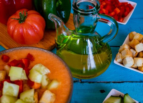 View of gazpacho, a typical Spanish meal with its ingredients in composition