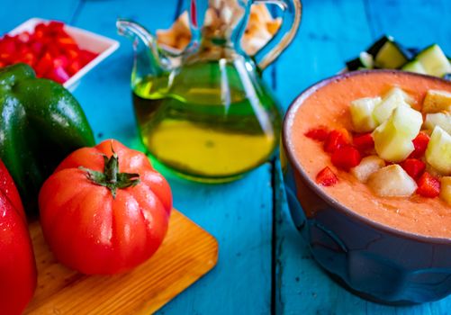 View of gazpacho, a typical Spanish meal with its ingredients in composition