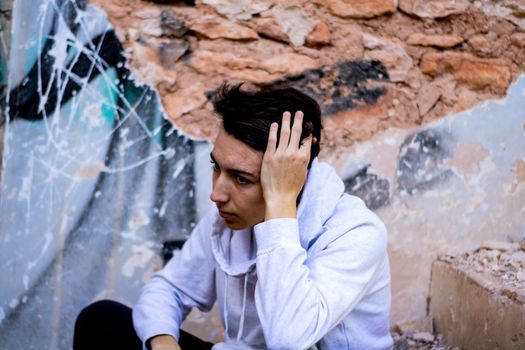 Young boy posing in abandoned house