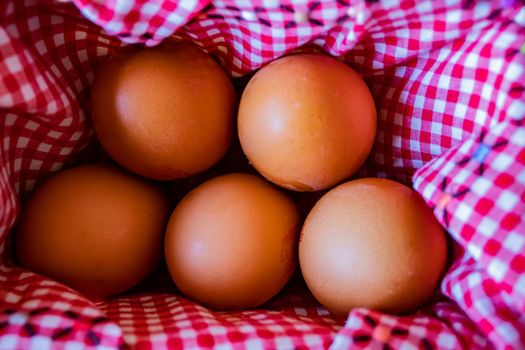 View of egg basket with checkered tablecloth