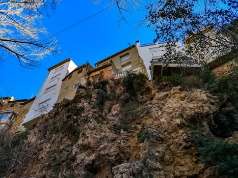 View from below of the hanging houses of Viver