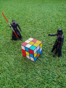 Burriana, Spain 08/09/18: Darth Vader doll using the force to solve a rubik cube