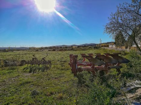 View of tractor accessories for plowing in the mountain