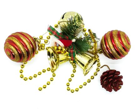 Bright Christmas ornaments in composition on white background