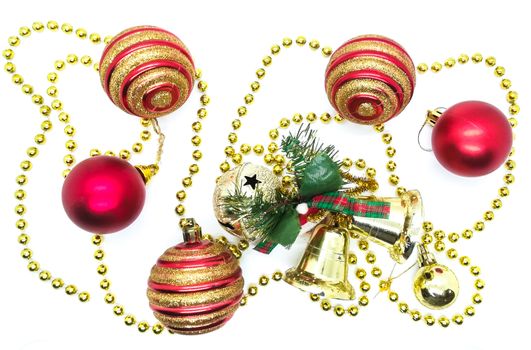Bright Christmas ornaments in composition on white background