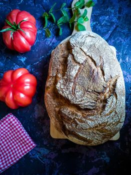 Ham, tomato, bread and herbs in composition on dark background with rough texture