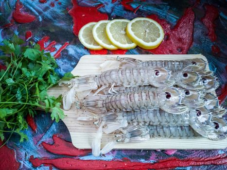Seafood in composition on colorful and rough background
