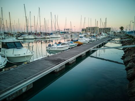 Burriana marina with boats in the sea in long exposure