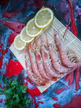 Seafood in composition on colorful and rough background