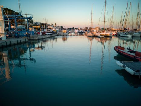 Burriana marina with boats in the sea in long exposure