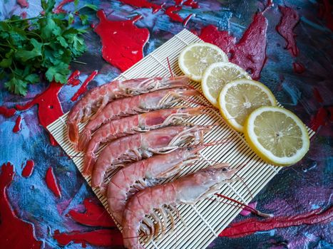 Seafood in composition on colorful and rough background
