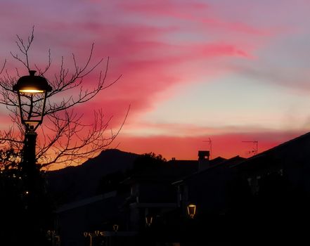 Sunset in pastel pink tones in the village of Algimia