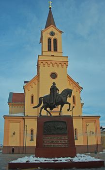 Monument of King Peter in front of a church at the main square in Zrenjanin, Serbia