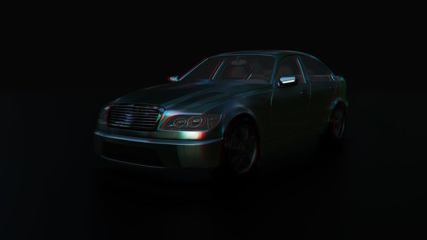 Modern sedan car on the dark background. 3d illustration. 3d anaglyph effect