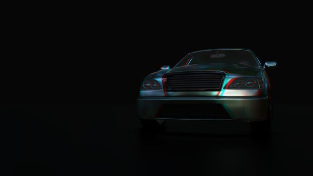 Modern sedan car on the dark background. 3d illustration. 3d anaglyph effect