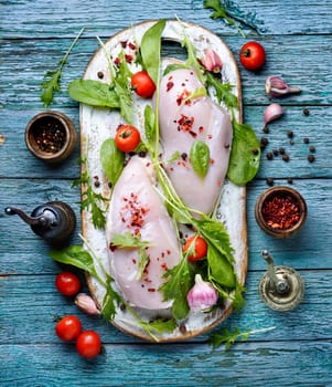 Cutting board with raw chicken fillet and spices for cooking