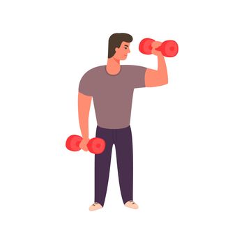 Strong man working out with dumbbells. Athletic guy doing exercise with dumbbell in gym. character design