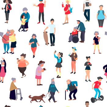 Seamless pattern with cartoon people walking on street. Crowd of male and female tiny characters. Colorful seamless pattern in trandy flat style for wallpaper, fabric print