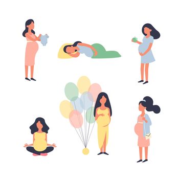 Pregnant woman. Pregnancy illustration set. Yoga, walk, sleep, baby shower and other situations. Character design.