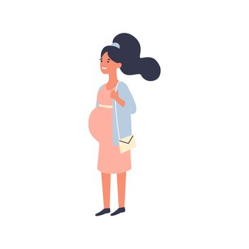 Young beautiful pregnant woman walking. Pregnancy illustration. Flat cartoon character design.