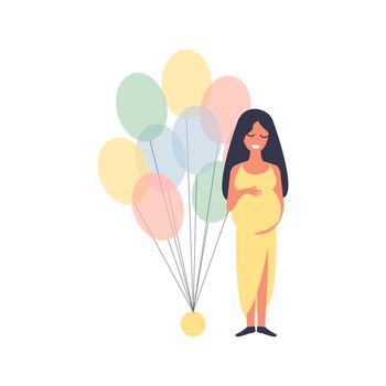 Happy pregnant woman standing with balloons at a baby shower. Pregnancy character concept. Flat illustration
