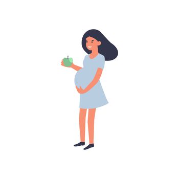 Healthy food and pregnancy concept. Pregnant woman standing with apple. Nutrition and diet during pregnancy. Flat illustration