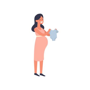 Happy pregnant woman choosing blue baby bodysuits at clothing store. Pregnancy shopping concept. Flat illustration.